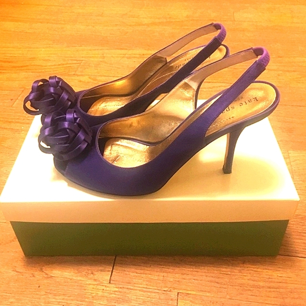 Elegant Kate Spade 8 M  Purple Satin Leather Slingback Heels Prom Bridesmaid - Picture 2 of 8